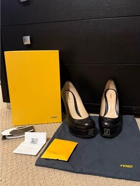 Fendi Black Leather Platform Pumps dust bag Saks heels FF Toe 37 nappa